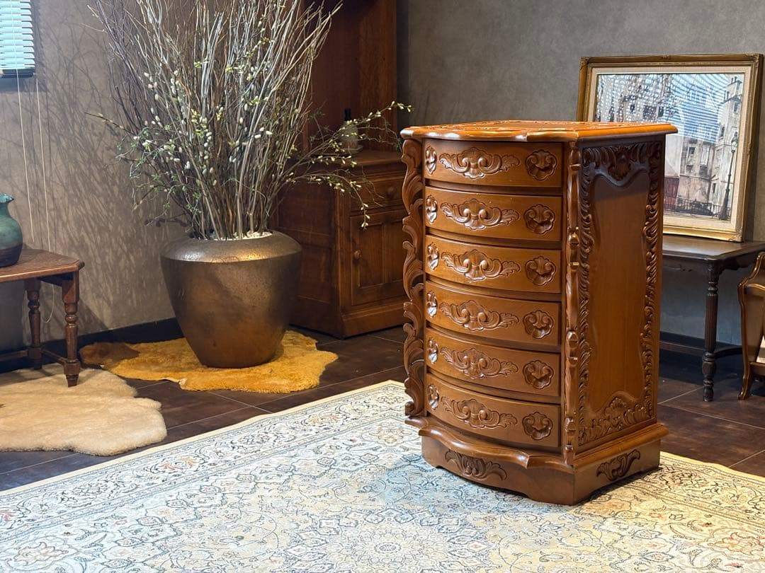 【サイドボード】木製　彫刻　チェスト　コンソール　アンティーク　ヴィンテージ◎ 木彫り 6段チェスト コンソール アンティーク ヴィンテージ ビンテージ