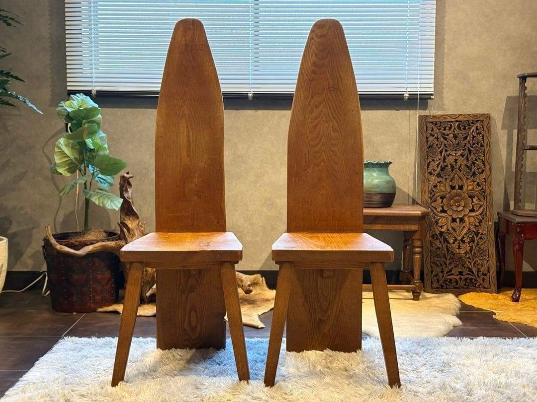 ① 希少　レトロ　無垢材　ヴィンテージ　カフェ　店舗什器　ハイバックチェア　nY