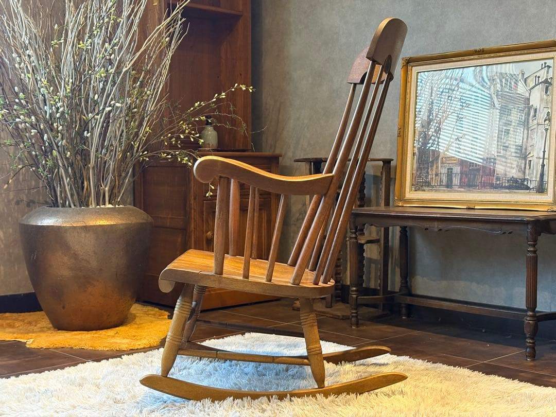 ①飛騨産業 キツツキマーク ロッキングチェア ダイニングチェア ビンテージ nG