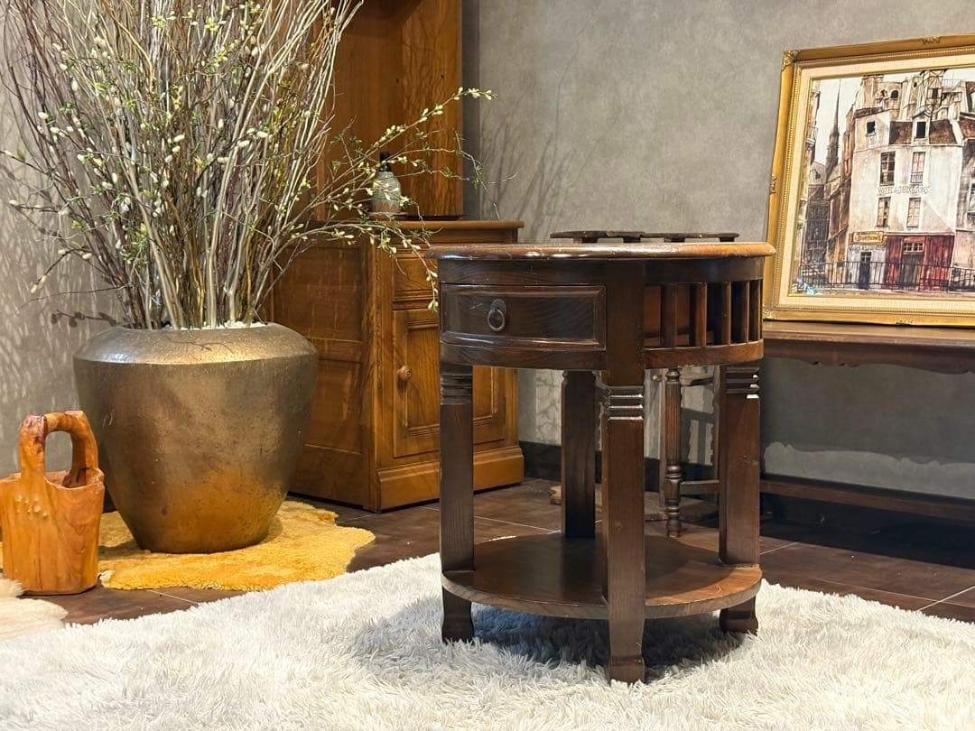 無垢材　アンティーク　コンソール　円形　サイドテーブル　ナイトテーブル　SG