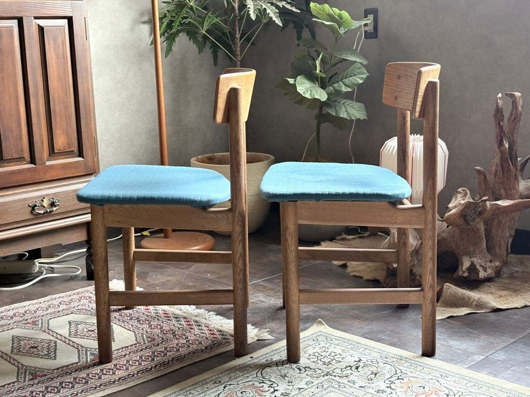 DANISH　チェア 尾州生地　リメイク　ブルー　座面　２脚セット　nZ