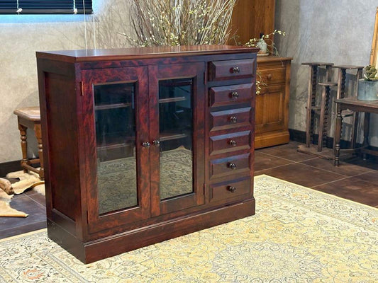 民芸家具 ガラスキャビネット 引き出し6段 アンティーク ヴィンテージ Nn