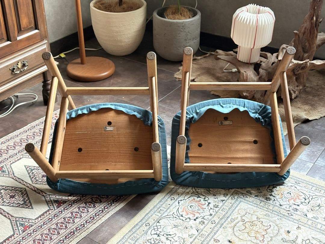 DANISH　チェア 尾州生地　リメイク　ブルー　座面　２脚セット　nZ