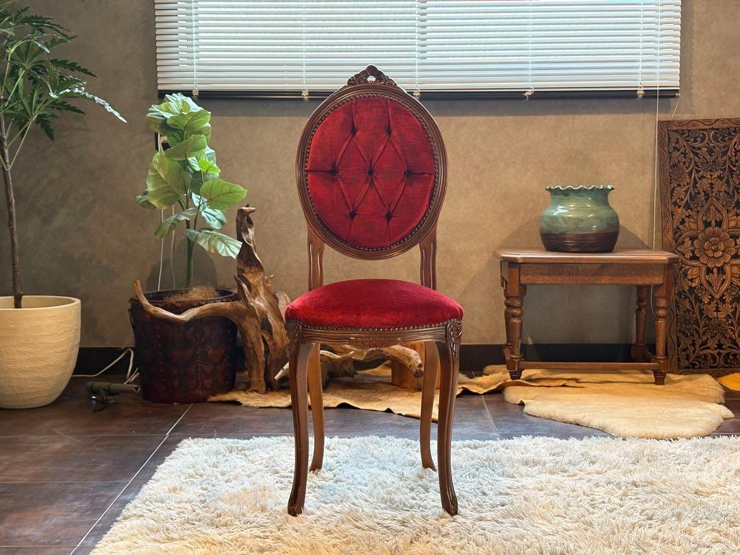 希少　猫脚　クラシック　アンティークチェア　木彫り　レッドボタンダウン　SZ