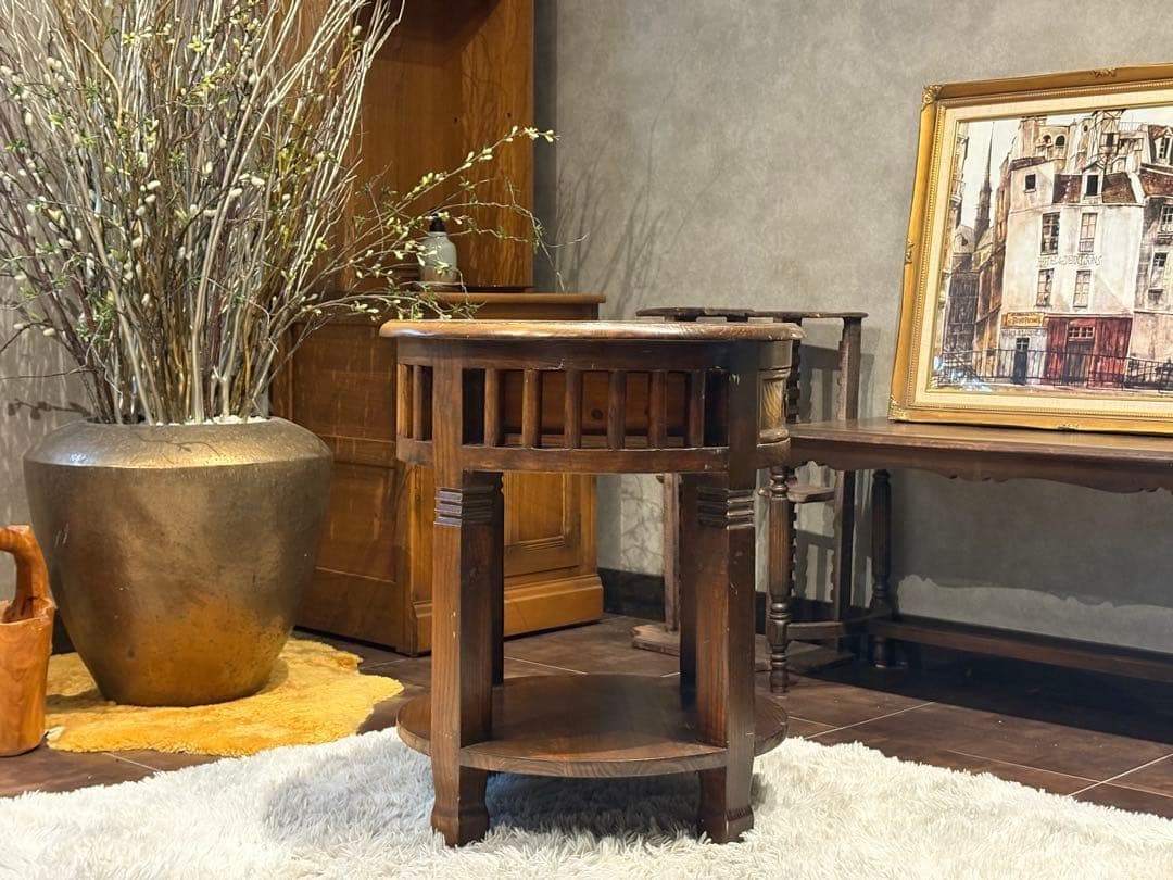 無垢材　アンティーク　コンソール　円形　サイドテーブル　ナイトテーブル　SG