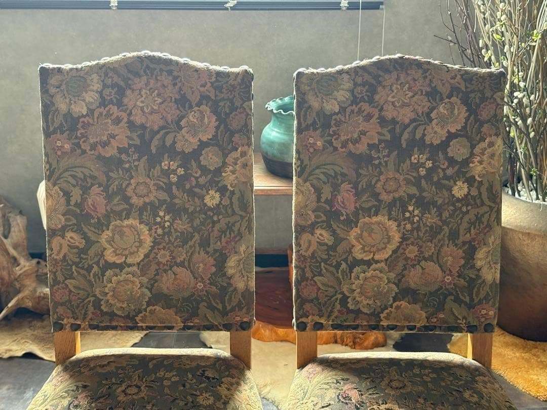 リベット打　花柄　アンティークチェア　ダイニングチェア　4脚セット　RZ