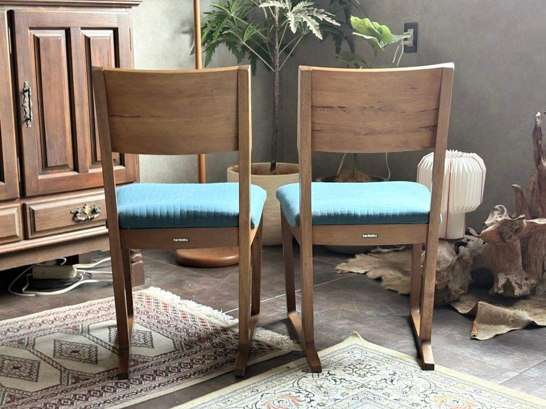 カリモクチェア　ダイニングチェア　尾州生地　座面ブルー　リメイク品　2脚セット