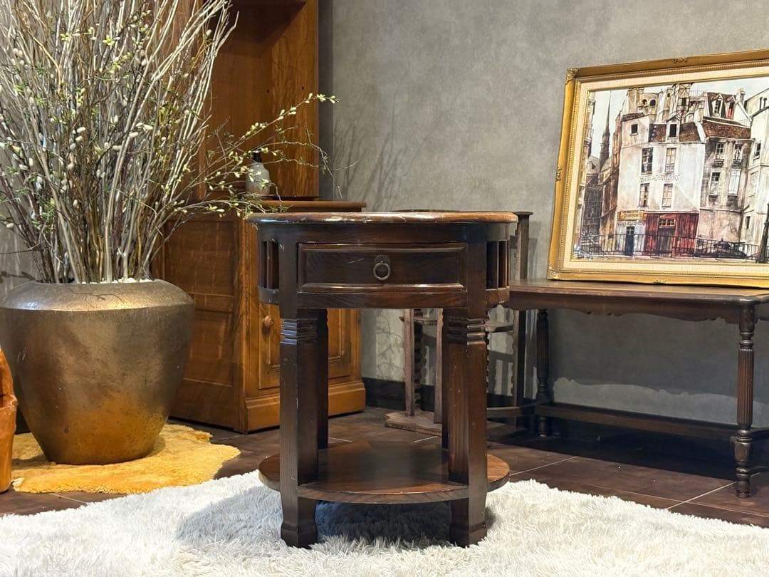 無垢材　アンティーク　コンソール　円形　サイドテーブル　ナイトテーブル　SG