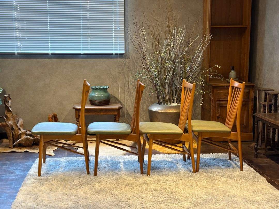 レトロ　飛騨産業 キツツキマーク ビンテージ　スポークチェア　4脚セット　Sn