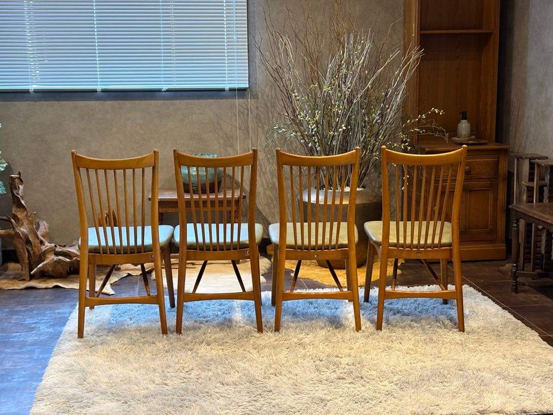 レトロ　飛騨産業 キツツキマーク ビンテージ　スポークチェア　4脚セット　Sn