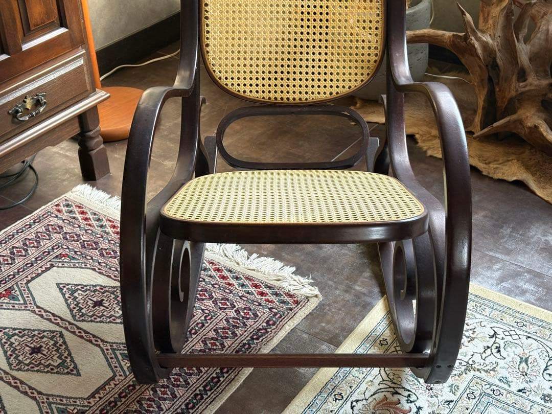 希少　ラタン　ロッキングチェア　背もたれ　カゴメ編み　ヴィンテージ　SG