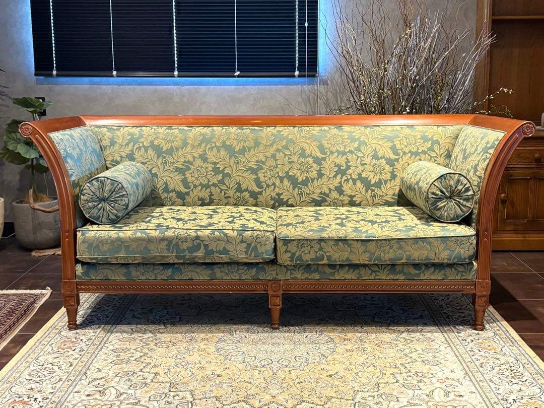 ②クラシック 3人掛けソファ 3Pソファ 花柄 グリーン ビンテージ nY