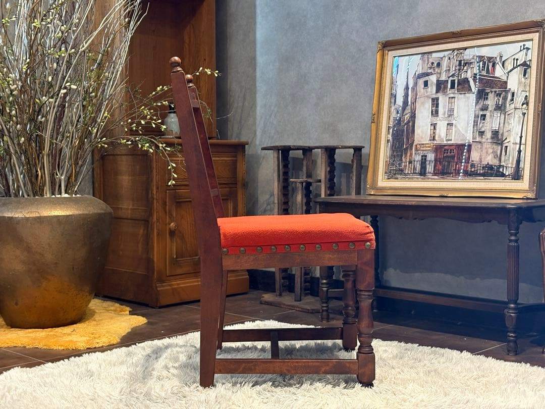 アンティーク ダイニングチェア リビングチェア ファブリック リベット打ち IZ