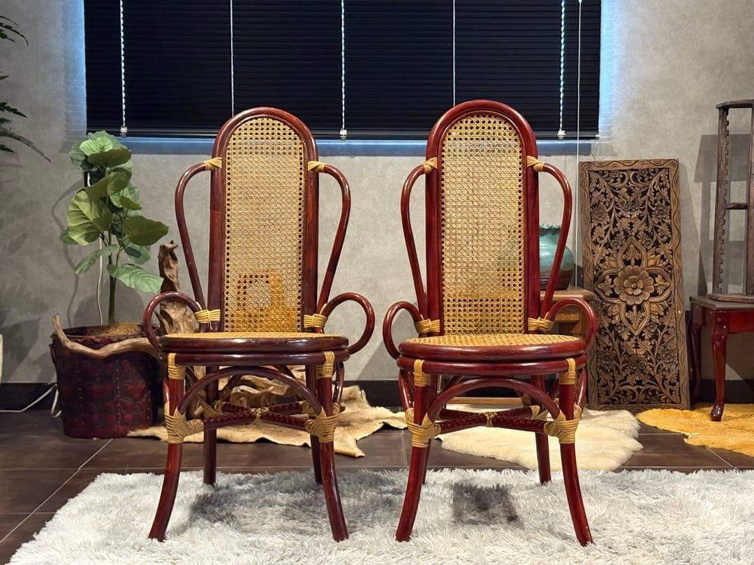 ヴィンテージ　ラタン　籐　ハイバックチェア　カゴメ編み　クラシック　2脚　RZ