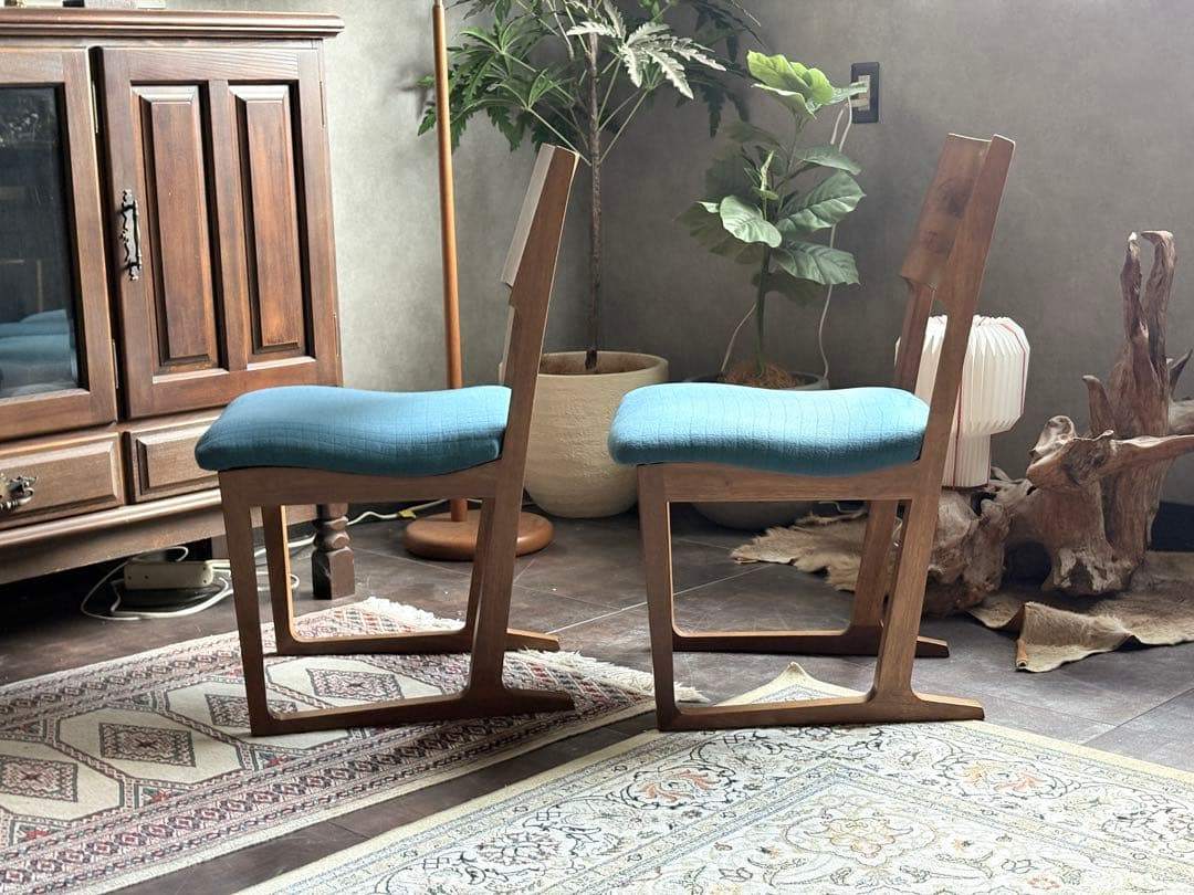 カリモクチェア　ダイニングチェア　尾州生地　座面ブルー　リメイク品　2脚セット