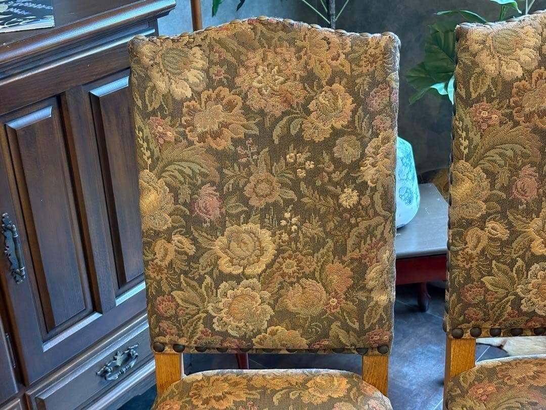 ビンテージ　リベット打　花柄　アンティークチェア　ろくろ脚　3脚セット　YG