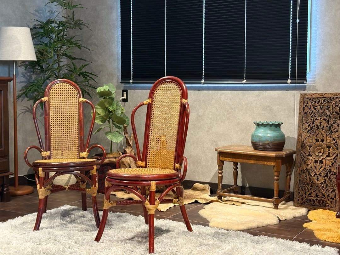 ヴィンテージ　ラタン　籐　ハイバックチェア　カゴメ編み　クラシック　2脚　RZ