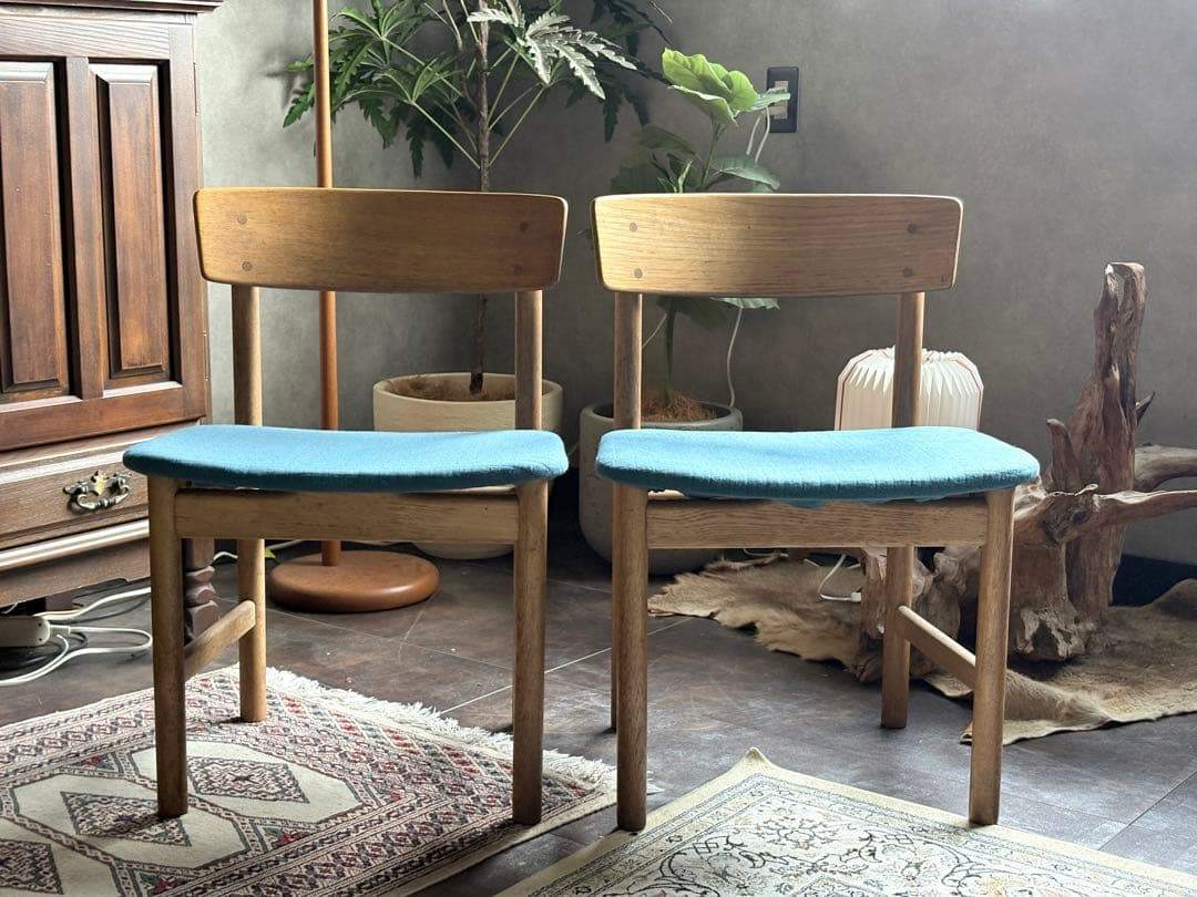DANISH　チェア 尾州生地　リメイク　ブルー　座面　２脚セット　nZ