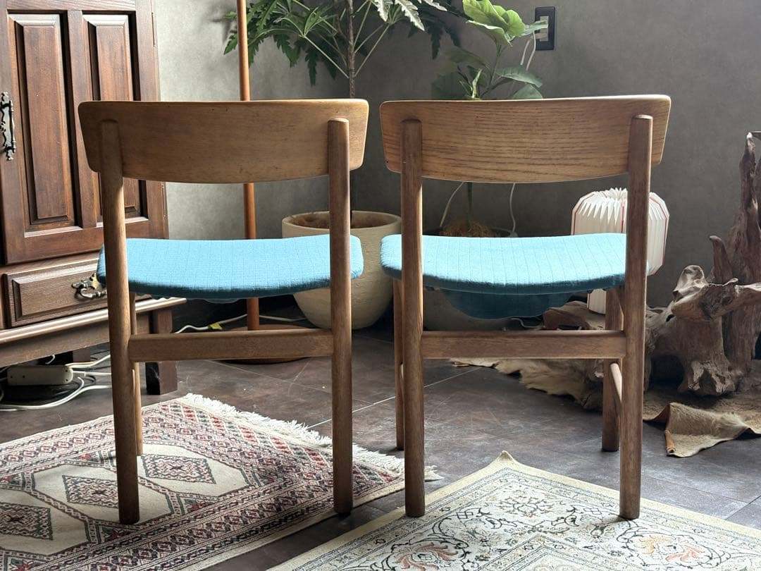 DANISH　チェア 尾州生地　リメイク　ブルー　座面　２脚セット　nZ