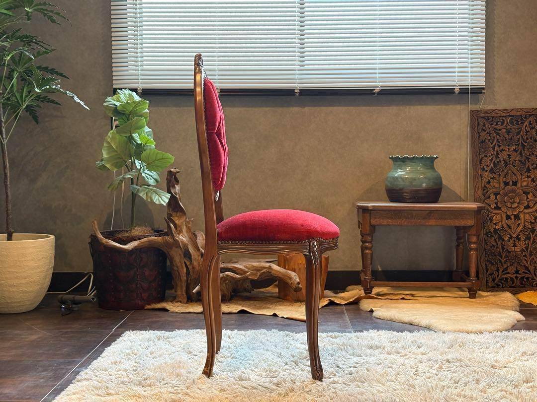 希少　猫脚　クラシック　アンティークチェア　木彫り　レッドボタンダウン　SZ