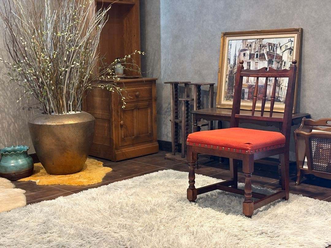 アンティーク ダイニングチェア リビングチェア ファブリック リベット打ち IZ