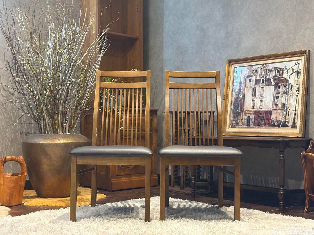 IDC 大塚家具 ダイニング リビングチェア ブラックレザー ビンテージ H