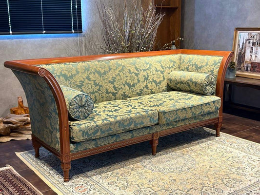 ②クラシック 3人掛けソファ 3Pソファ 花柄 グリーン ビンテージ nY