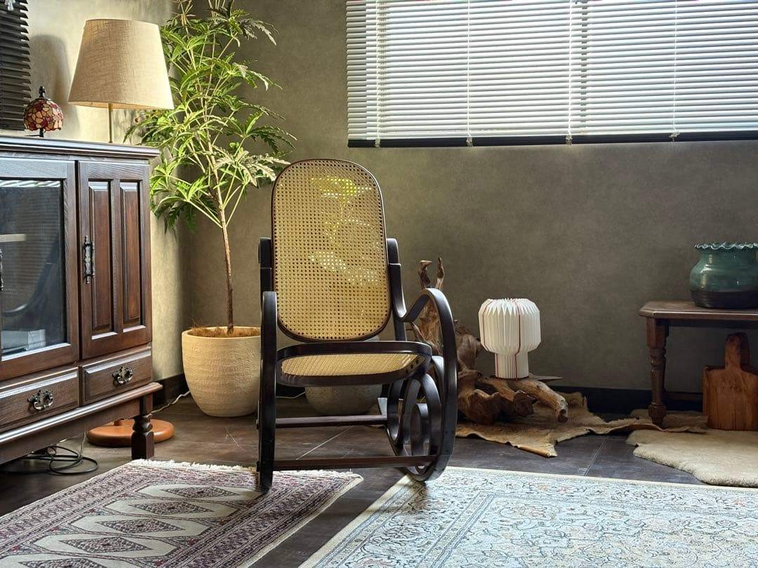 希少　ラタン　ロッキングチェア　背もたれ　カゴメ編み　ヴィンテージ　SG