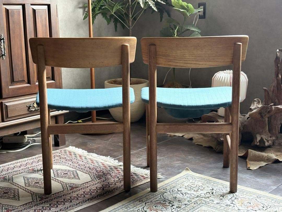 DANISH　チェア 尾州生地　リメイク　ブルー　座面　２脚セット　nZ