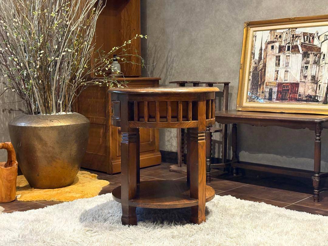 無垢材　アンティーク　コンソール　円形　サイドテーブル　ナイトテーブル　SG