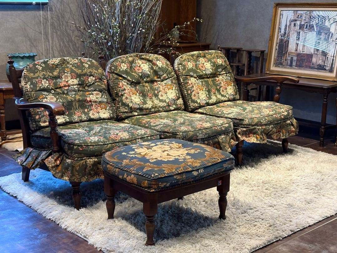 飛騨産業 キツツキマーク 3人掛けセパレートソファ オットマン ビンテージ RZ