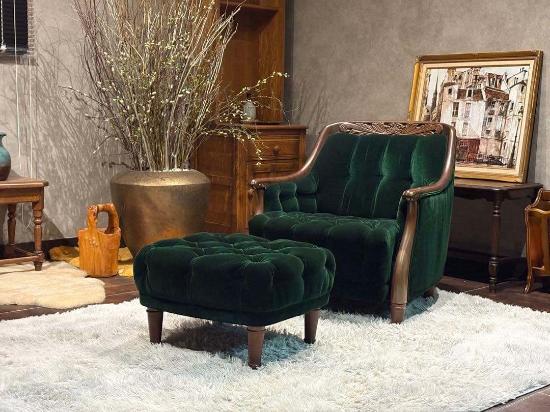 マルニ アンティーク3人掛けソファ オットマン付き グリーン