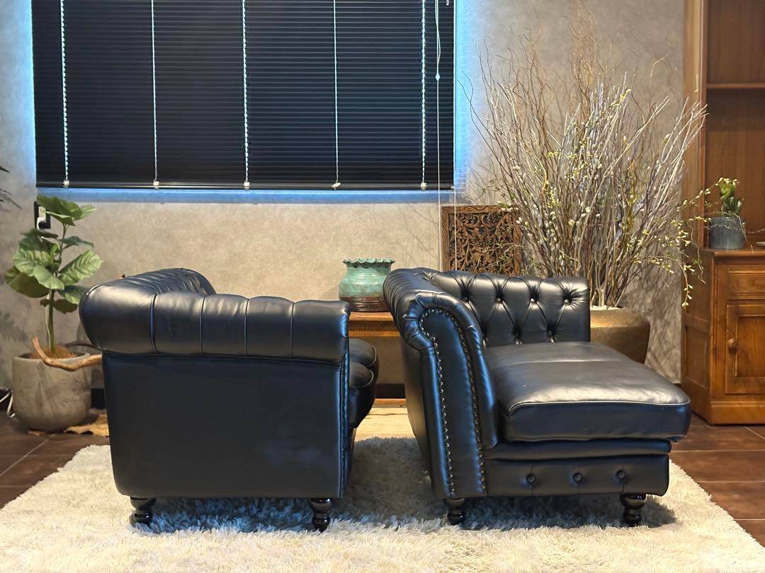 ヴィンセント　ボタンダウン　ソファ　アンティーク　レザー　ブラック IZZ