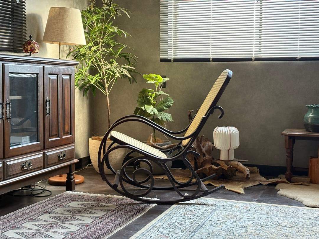 希少　ラタン　ロッキングチェア　背もたれ　カゴメ編み　ヴィンテージ　SG