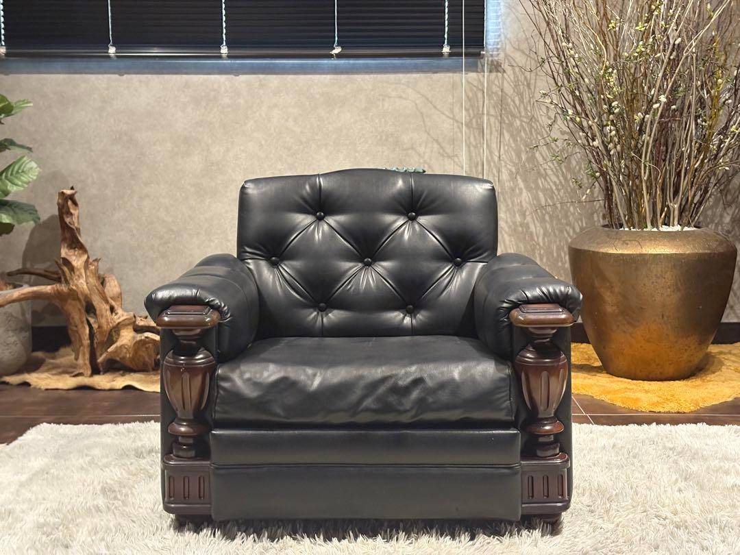 ①karimoku カリモク　レザーソファ　本革　リベット打ち　アンティーク　G