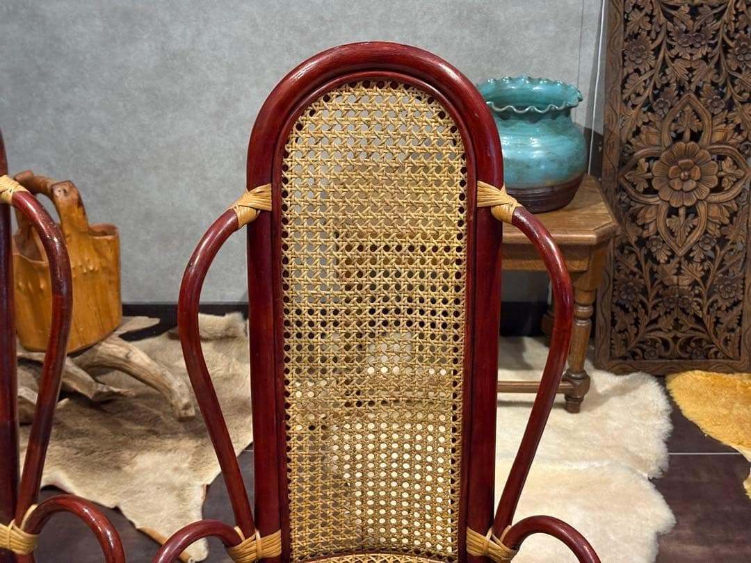 ヴィンテージ　ラタン　籐　ハイバックチェア　カゴメ編み　クラシック　2脚　RZ