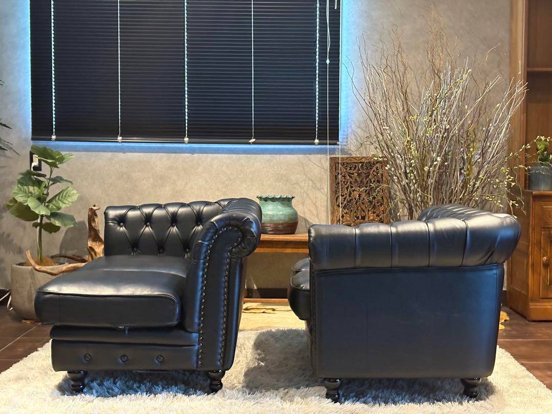 ヴィンセント　ボタンダウン　ソファ　アンティーク　レザー　ブラック IZZ