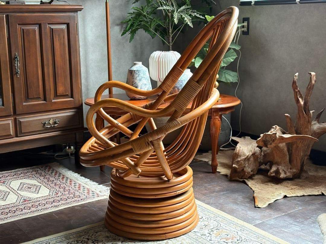 ラタンチェア　回転チェア　アジアン　リゾート家具　藤家具　ラウンジチェア　G