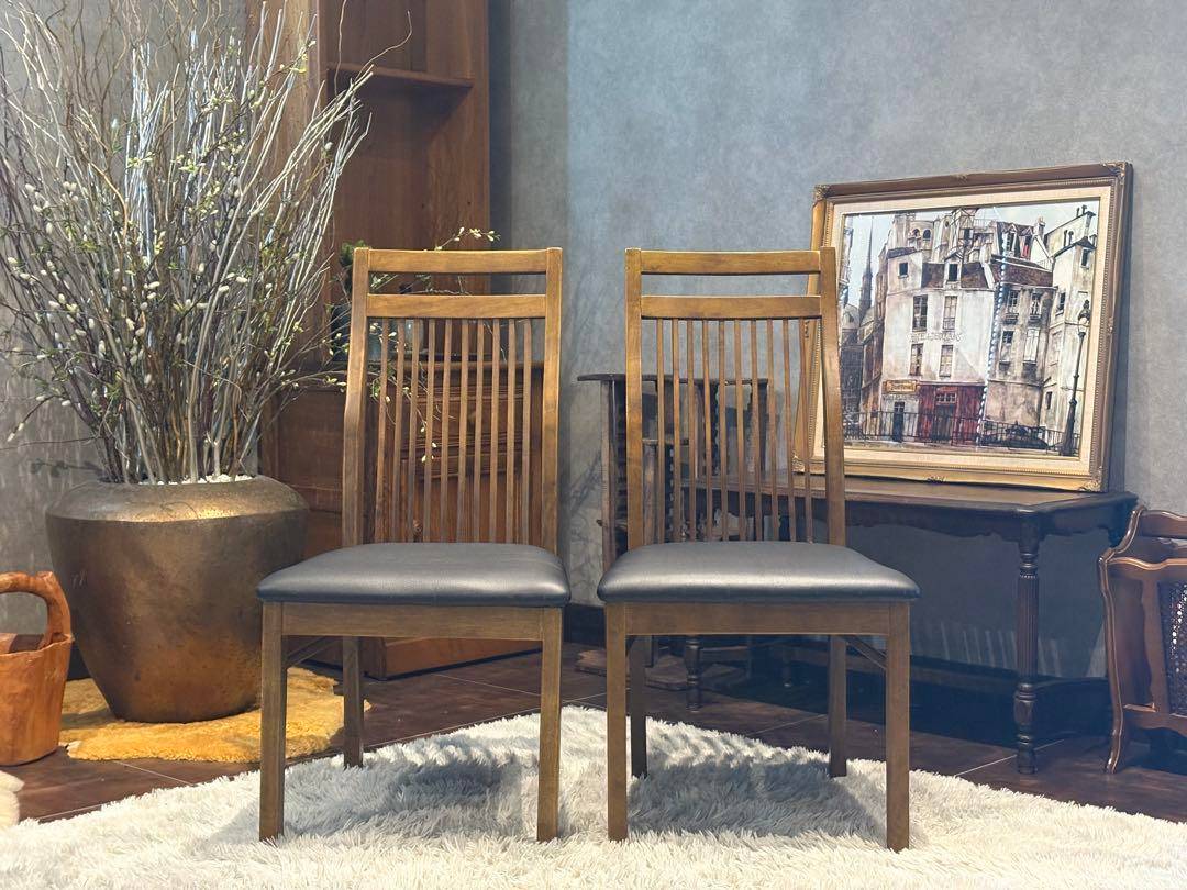 IDC 大塚家具 ダイニング リビングチェア ブラックレザー ビンテージ H