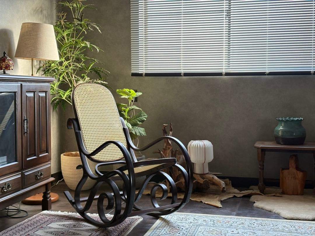 希少　ラタン　ロッキングチェア　背もたれ　カゴメ編み　ヴィンテージ　SG