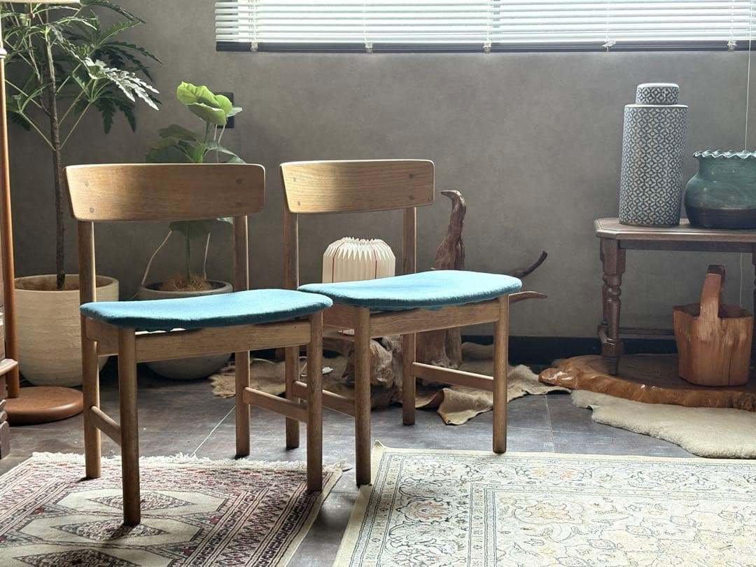 DANISH　チェア 尾州生地　リメイク　ブルー　座面　２脚セット　nZ