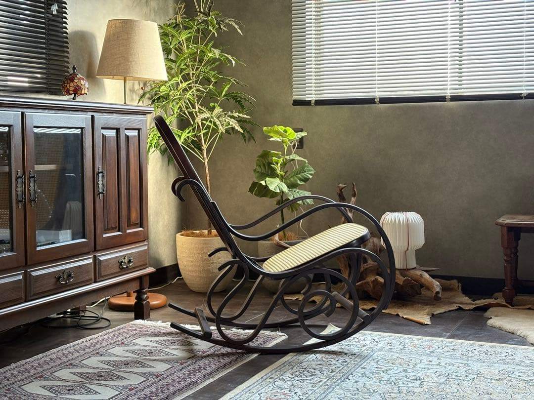 希少　ラタン　ロッキングチェア　背もたれ　カゴメ編み　ヴィンテージ　SG