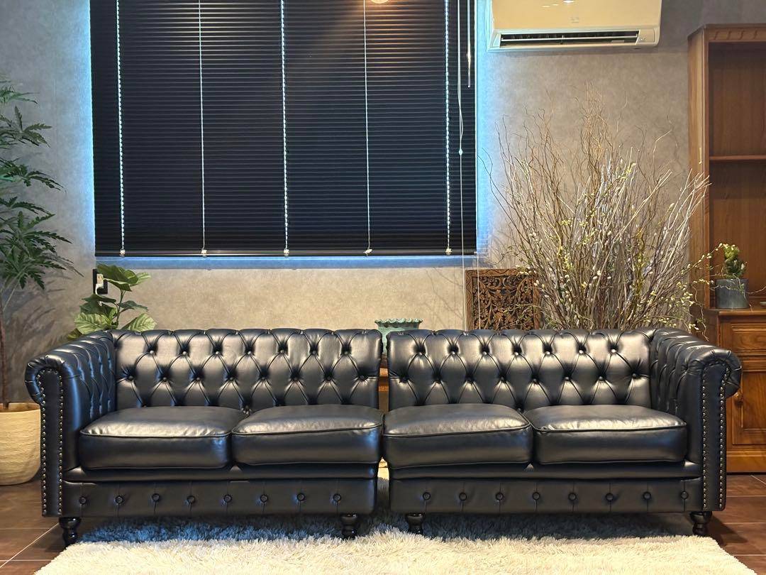 ヴィンセント　ボタンダウン　ソファ　アンティーク　レザー　ブラック IZZ