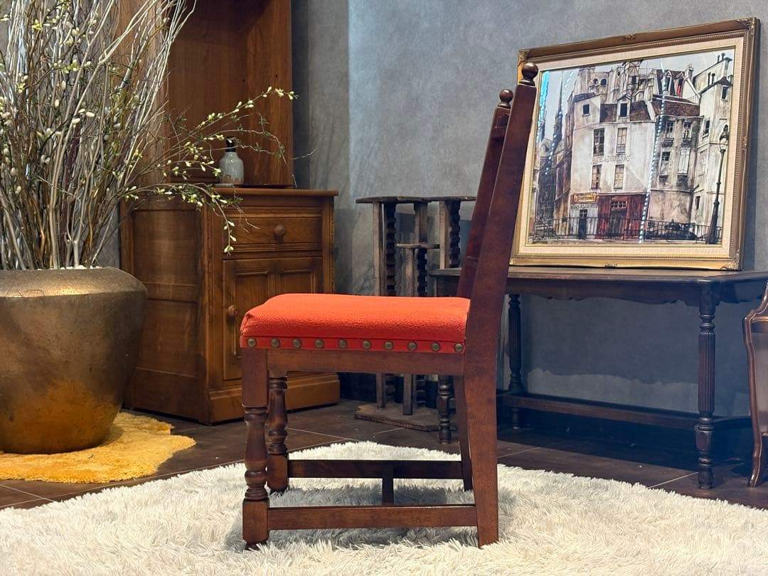 アンティーク ダイニングチェア リビングチェア ファブリック リベット打ち IZ